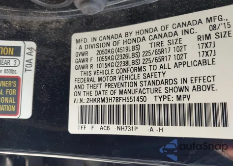 2015 Honda Cr-V Ex-L from USA, damaged, VIN 2HKRM3H78FH551450